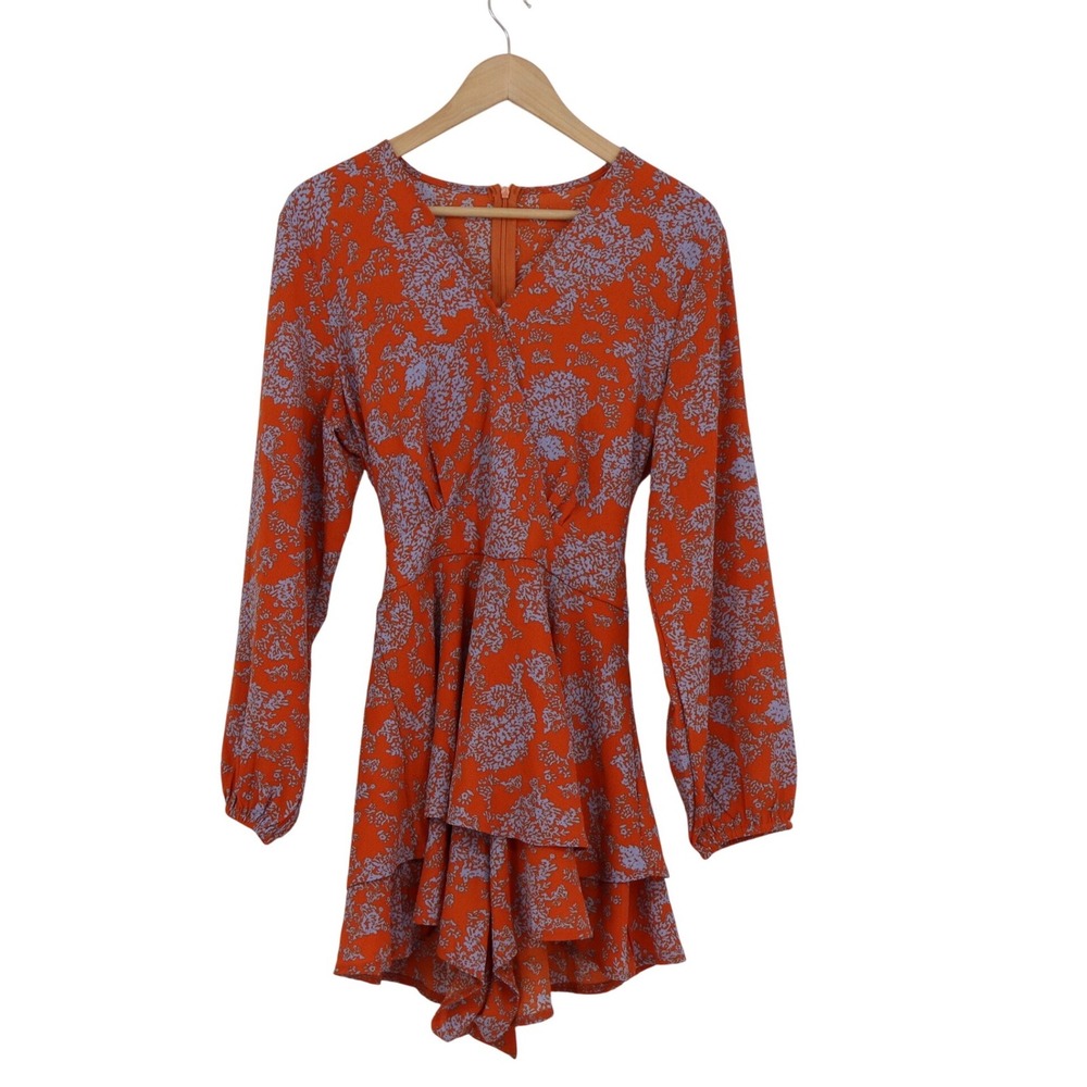Unbranded Orange Blue Floral Long Sleeve Ruffle Romper V-Neck Size M